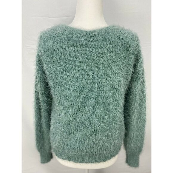 Freshman Juniors Women's Fuzzy V-Neck Sweater Gree - Picture 5 of 6